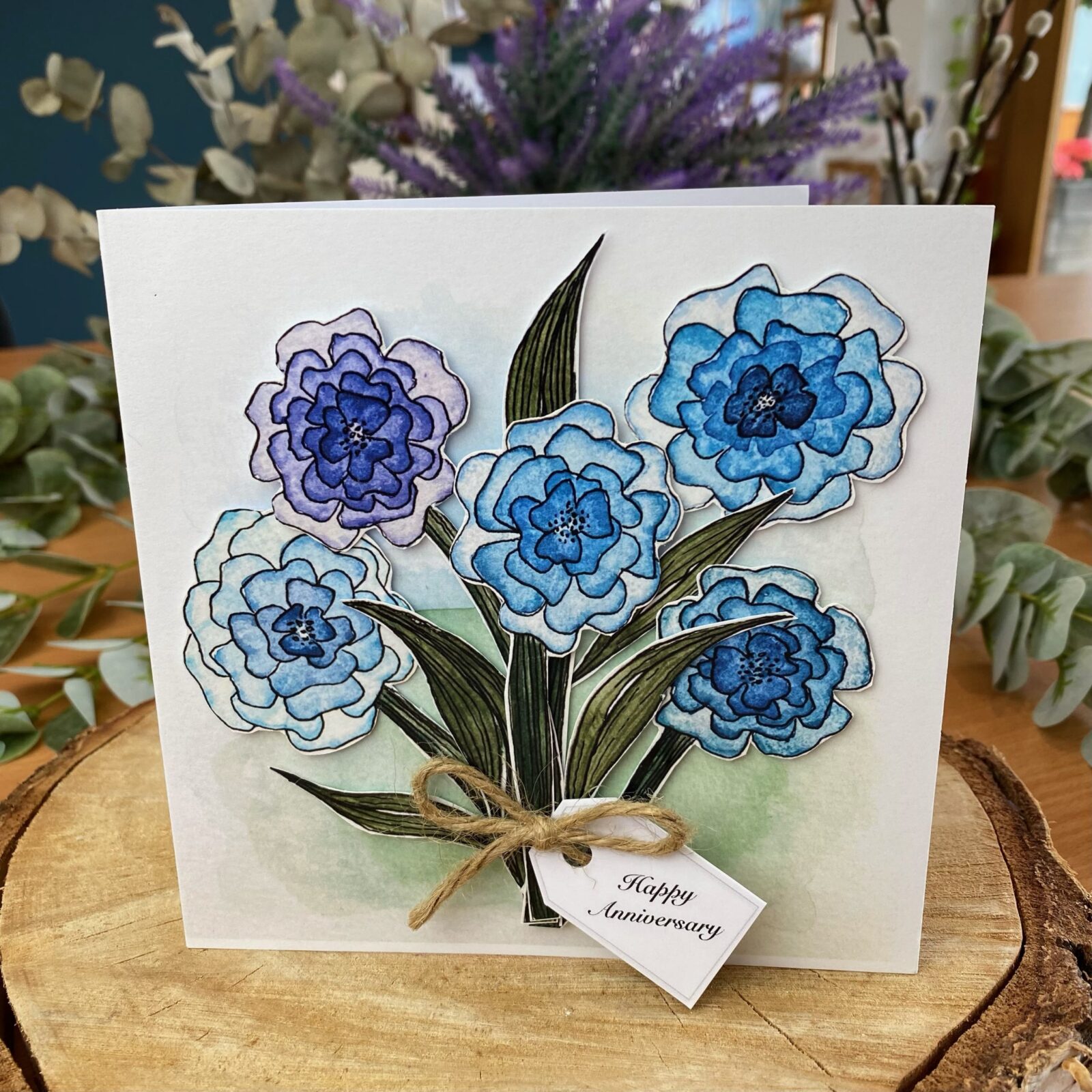 Blue Flowers Happy Anniversary Card