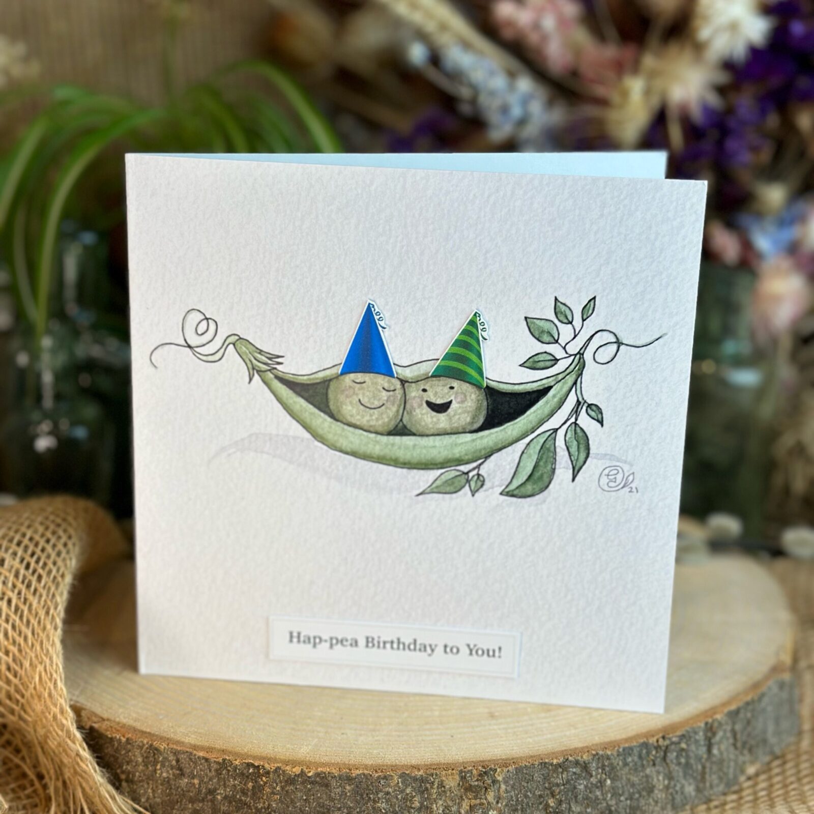 Hap-pea blue hat birthday card